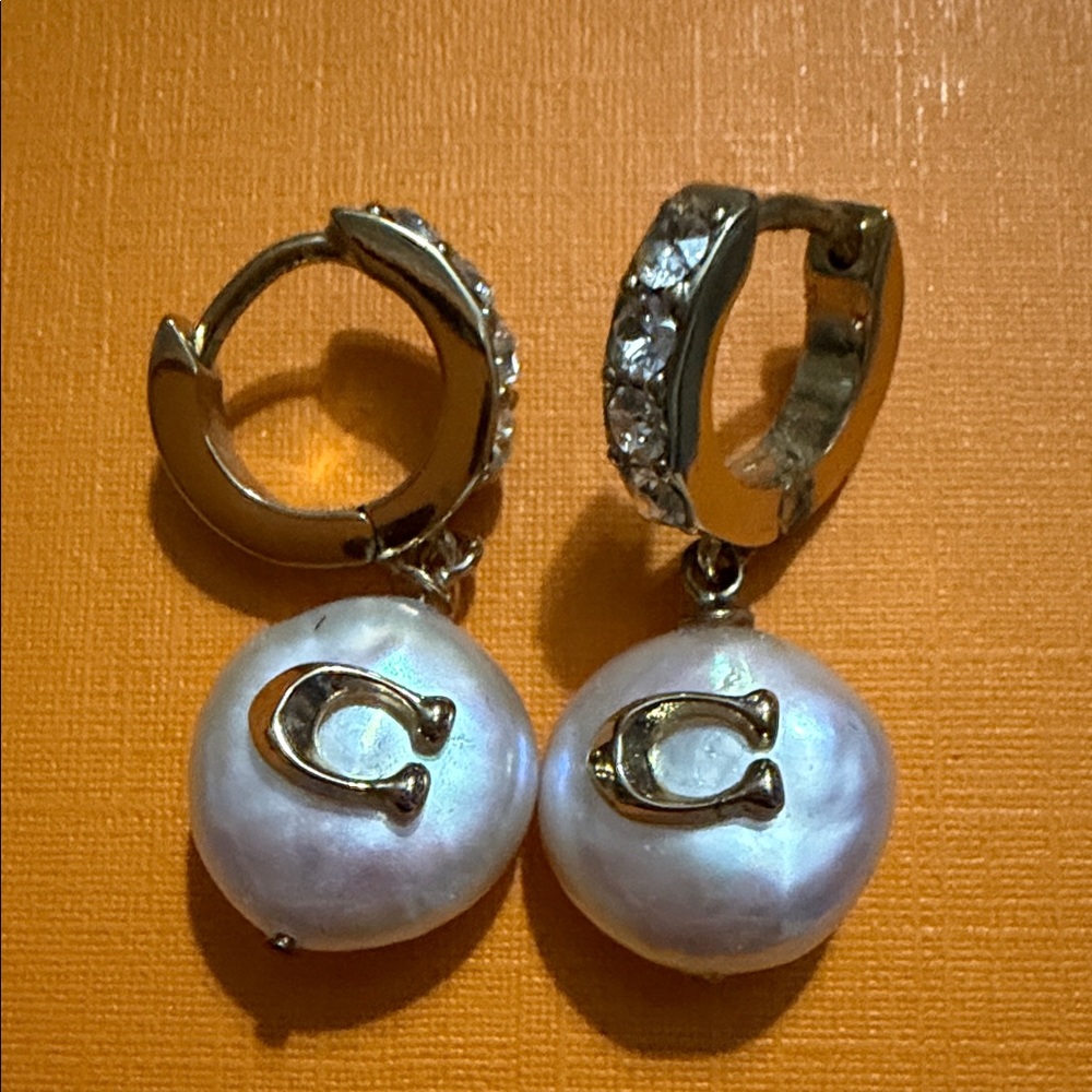 Coach Gold Diamond Mother of Pearl Dangling Earrings